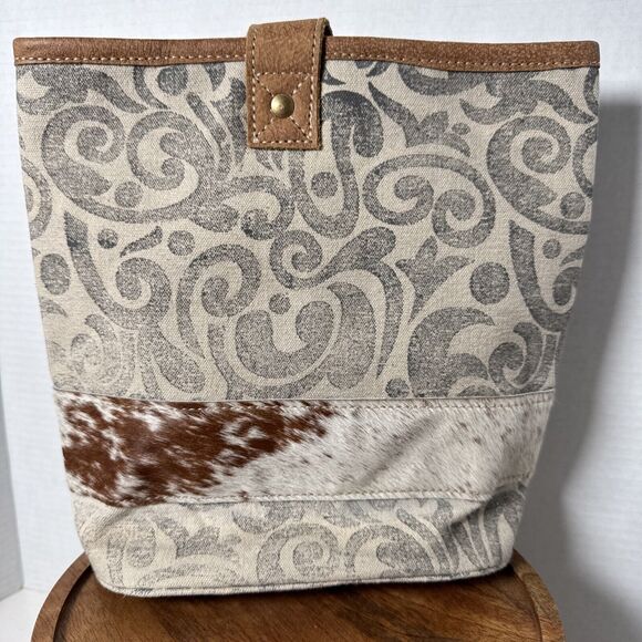 Myra Leather  Double Wine Bottle Bag Tote  Cowhide Leather Canvas - Picture 1 of 12